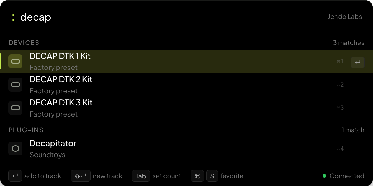 Volta preset search showing device and plug-in results